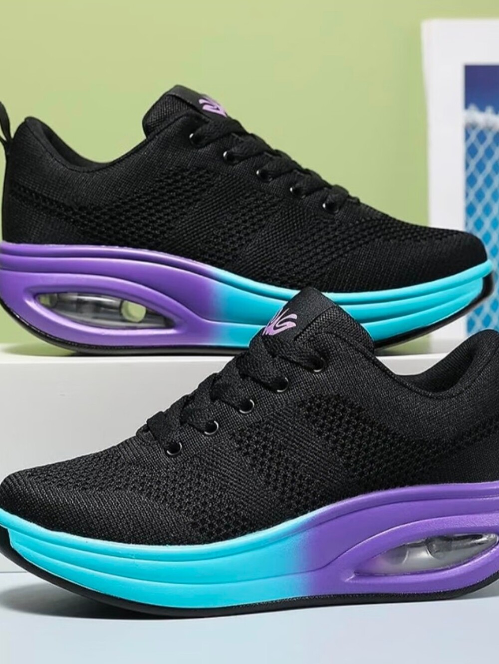 Black Athletic Sneakers with Purple & Teal Gradient Midsole - Women's